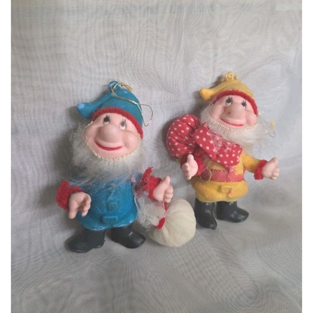 Vintage Lot 2 Flocked MCM Ornaments Elf‎ Dwarf Pixie Gnome Christmas